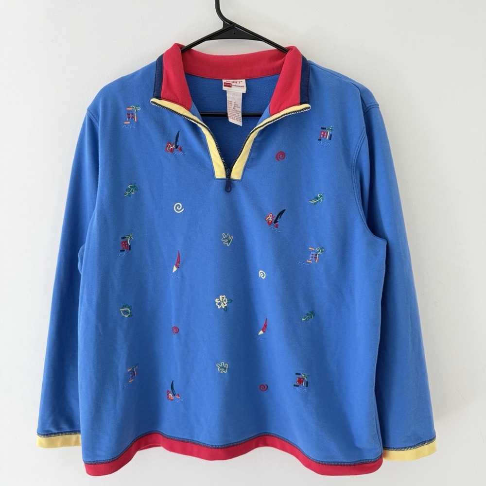Vintage 90s Koret Petite XL Quarter‎ Zip Sweatshirt Nautical Embroidered Coastal